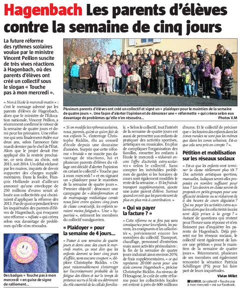 Les parents d’élèves contre la semaine de cinq jours - L'Alsace du 22/11/2012